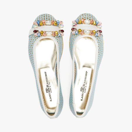 Pantofi Dama Casual/Eleganti, Piele Naturala Bleu Perforata, Slip-On cu Aplicatie Tip Bijuterie, Talpa Joasa Confortabila 1 cm, Renzoni 5830 [2]