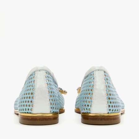 Pantofi Dama Casual/Eleganti, Piele Naturala Bleu Perforata, Slip-On cu Aplicatie Tip Bijuterie, Talpa Joasa Confortabila 1 cm, Renzoni 5830 [4]