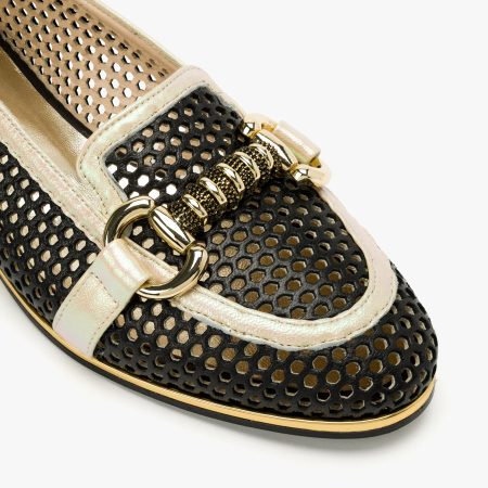 Pantofi Dama Casual / Eleganti, Piele Naturala Perforata, Negru, Accesoriu Tip Lant, Toc Comod 1 cm, Renzoni 5813 [3]