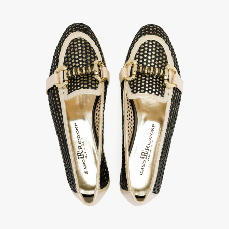 Pantofi Dama Casual / Eleganti, Piele Naturala Perforata, Negru, Accesoriu Tip Lant, Toc Comod 1 cm, Renzoni 5813 [2]