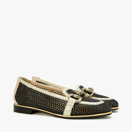 Incaltaminte Dama - Pantofi Dama Casual / Eleganti, Piele Naturala Perforata, Negru, Accesoriu Tip Lant, Toc Comod 1 cm, Renzoni 5813