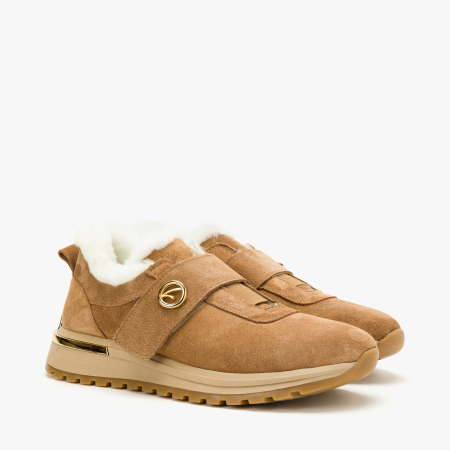 Pantofi Dama Casual - Pantofi Dama Casual Imblaniti, Piele Intoarsa Bej, Blana Naturala si Talpa Ortopedica de 4 cm, LAB Milano by Renzoni 9038