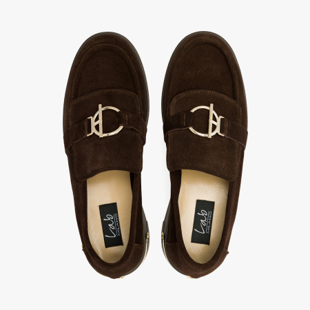 Pantofi Dama Casual, Piele Intoarsa Maro, Stil Mocasin, Accesoriu Auriu si Toc Gros de 3 cm, LAB Milano by Renzoni, 9820 [2]