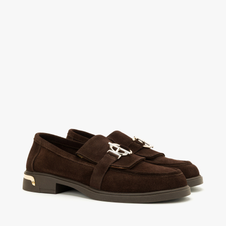 Incaltaminte Dama - Pantofi Dama Casual, Piele Intoarsa Maro, Stil Mocasin, Accesoriu Auriu si Toc Gros de 3 cm, LAB Milano by Renzoni, 9820