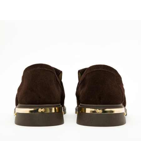 Pantofi Dama Casual, Piele Intoarsa Maro, Stil Mocasin, Accesoriu Auriu si Toc Gros de 3 cm, LAB Milano by Renzoni, 9820 [4]