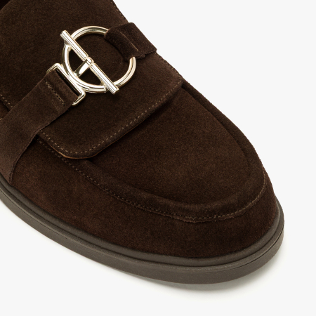 Pantofi Dama Casual, Piele Intoarsa Maro, Stil Mocasin, Accesoriu Auriu si Toc Gros de 3 cm, LAB Milano by Renzoni, 9820 [3]