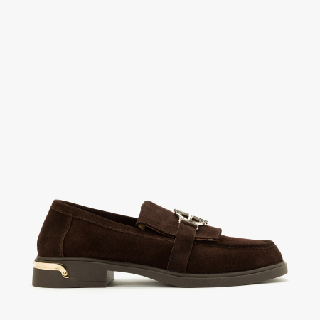 Pantofi Dama Casual, Piele Intoarsa Maro, Stil Mocasin, Accesoriu Auriu si Toc Gros de 3 cm, LAB Milano by Renzoni, 9820 [1]