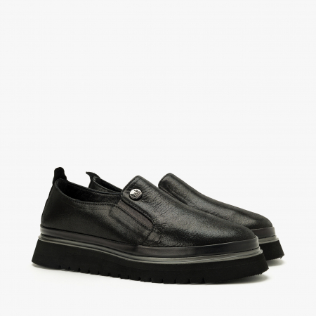 Pantofi Dama Casual - Pantofi Damă Casual, Negru, Piele Imprimată, Varf Rotund, LAB Milano by Renzoni 241025