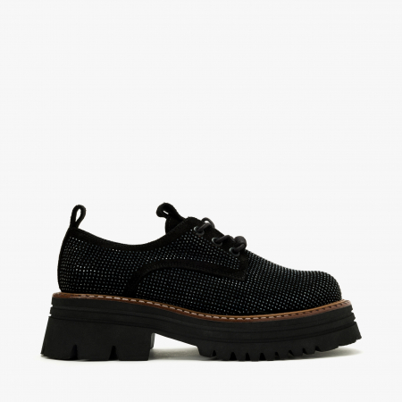 Pantofi Dama Casual Negru, Piele Întoarsă cu Cristale și Talpă de 3 cm, LAB Milano by Renzoni 06304090 [1]
