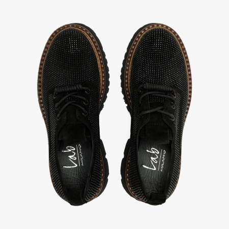 Pantofi Dama Casual Negru, Piele Întoarsă cu Cristale și Talpă de 3 cm, LAB Milano by Renzoni 06304090 [2]