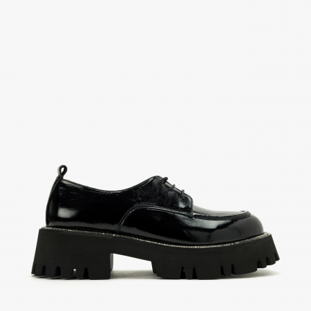 Pantofi Damă Casual, Negru, Piele Lăcuită, Bordură din Cristale, Toc Comod, LAB Milano by Renzoni 3124 [1]