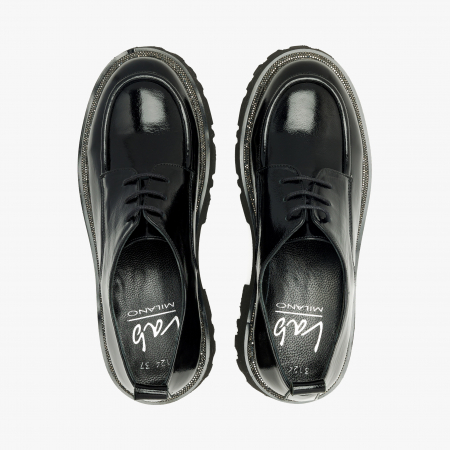 Pantofi Damă Casual, Negru, Piele Lăcuită, Bordură din Cristale, Toc Comod, LAB Milano by Renzoni 3124 [2]