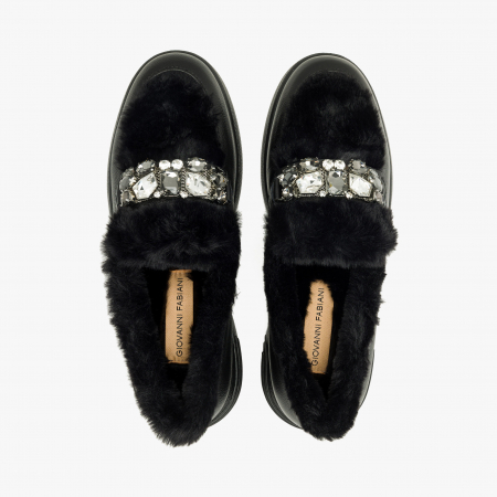 Pantofi Dama Casual, Negru, Talpă Comodă 2 cm, Ornament cu Cristale, Piele cu Blana, Giovanni Fabiani 24440 [2]