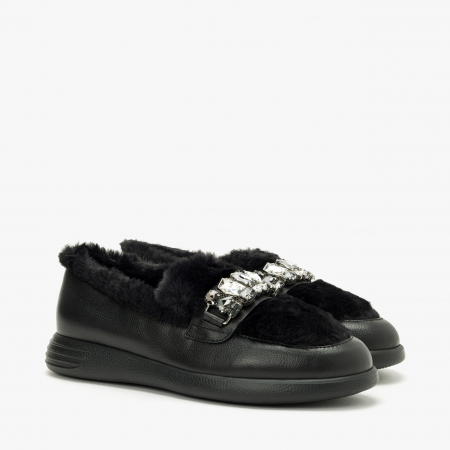 Pantofi Dama Casual - Pantofi Dama Casual, Negru, Talpă Comodă 2 cm, Ornament cu Cristale, Piele cu Blana, Giovanni Fabiani 24440