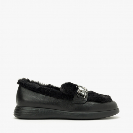 Pantofi Dama Casual, Negru, Talpă Comodă 2 cm, Ornament cu Cristale, Piele cu Blana, Giovanni Fabiani 24440 [1]