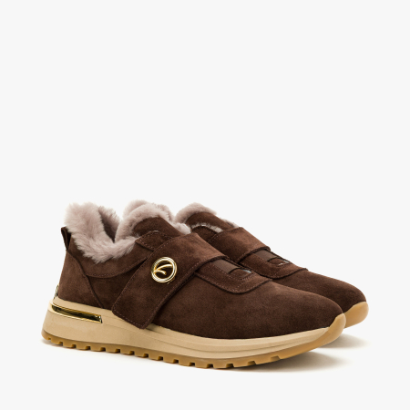 Pantofi Dama Casual - Pantofi Dama Casual Imblaniti, Piele Intoarsa Maro, Guler Imblanit, Accesoriu Metalic, Talpa Ortopedica de 4 cm, LAB Milano by Renzoni 9038