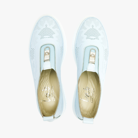 Pantofi Dama Casual Slip-On, Piele Naturala Bleu Stantata, Talpa Groasa 4 cm si Aplicatie cu Cristal, LAB Milano by Renzoni G3526344 [2]