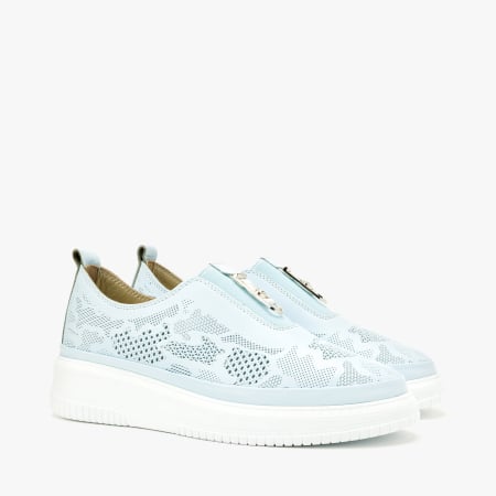 Pantofi Dama - Pantofi Dama Casual Slip-On, Piele Naturala Bleu Stantata, Talpa Groasa 4 cm si Aplicatie cu Cristal, LAB Milano by Renzoni G3526344
