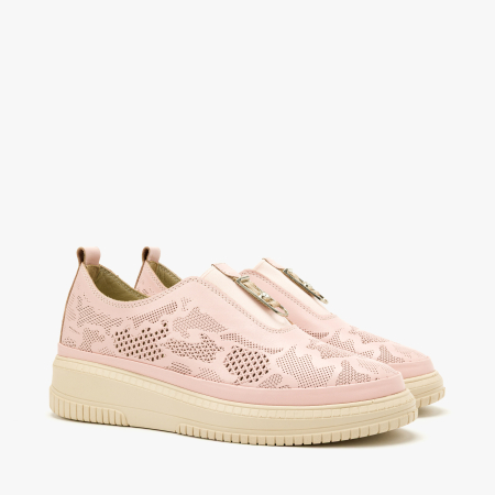 Pantofi Dama - Pantofi Dama Casual Slip-On, Piele Naturala Roz Stantata, Perforatii Decorative, Talpa din Spuma Presata, Banda Elastica, LAB Milano by Renzoni G3526344