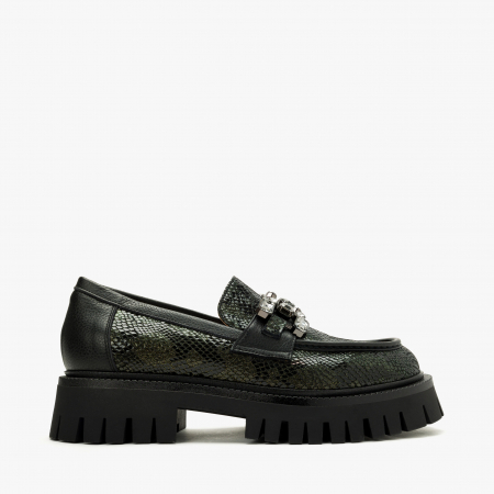 Pantofi Dama Casual, Verde, Piele Stantata, Accesoriu Cristale, Toc 4 cm, Talpa de Cauciuc de 3cm, Renzoni 5529 [1]