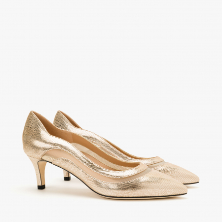 Incaltaminte Dama - Pantofi Dama Eleganți Auriu, Toc Subțire și Detalii în Nabuc/Plasă, Accademia 3701/2024