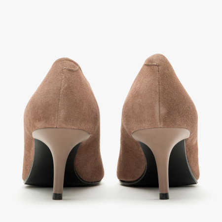 Pantofi Dama Eleganti din Piele Intoarsa Bej Catifelat, Accesoriu Geometric Bicolor, Toc Subțire 6 cm, Renzoni 50851 [4]