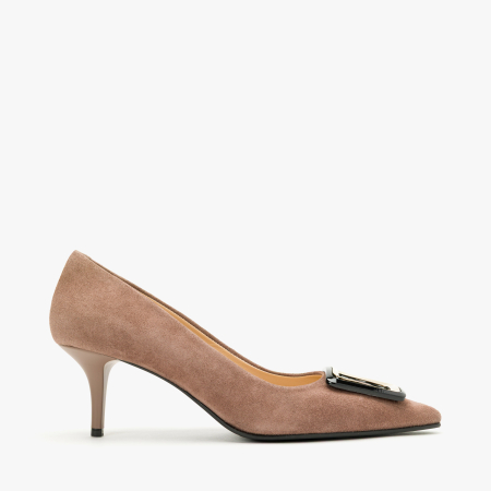 Pantofi Dama Eleganti din Piele Intoarsa Bej Catifelat, Accesoriu Geometric Bicolor, Toc Subțire 6 cm, Renzoni 50851 [1]
