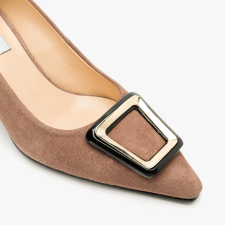 Pantofi Dama Eleganti din Piele Intoarsa Bej Catifelat, Accesoriu Geometric Bicolor, Toc Subțire 6 cm, Renzoni 50851 [3]