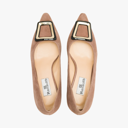 Pantofi Dama Eleganti din Piele Intoarsa Bej Catifelat, Accesoriu Geometric Bicolor, Toc Subțire 6 cm, Renzoni 50851 [2]