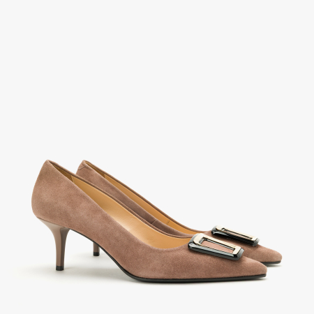 Pantofi Dama Eleganti - Pantofi Dama Eleganti din Piele Intoarsa Bej Catifelat, Accesoriu Geometric Bicolor, Toc Subțire 6 cm, Renzoni 50851
