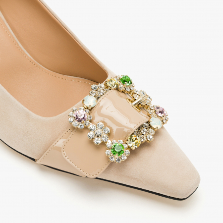 Pantofi Dama Eleganti Bej, Toc Comod 5 cm, Piele Intoarsa, Accesoriu Cataramă cu Cristale, Accademia 3703/2024 [3]