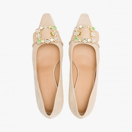 Pantofi Dama Eleganti Bej, Toc Comod 5 cm, Piele Intoarsa, Accesoriu Cataramă cu Cristale, Accademia 3703/2024 [2]