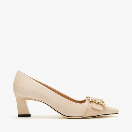 Pantofi Dama Eleganti Bej, Toc Comod 5 cm, Piele Intoarsa, Accesoriu Cataramă cu Cristale, Accademia 3703/2024 [1]