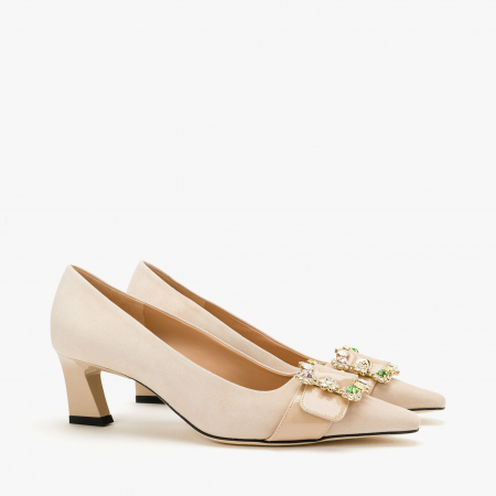Pantofi Dama Eleganti Bej, Toc Comod 5 cm, Piele Intoarsa, Accesoriu Cataramă cu Cristale, Accademia 3703/2024 [0]
