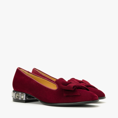 Pantofi Dama Eleganti - Pantofi Damă Eleganți din Piele Întoarsă, Bordo, cu Fundă și Toc Decorat cu Cristale, Giovanni Fabiani 25235