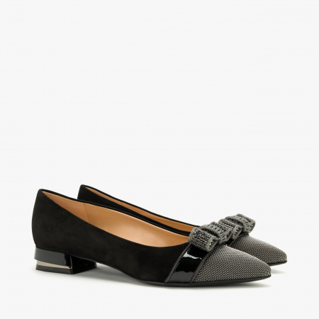Pantofi Dama - Pantofi Damă Eleganți, Culoare Neagra, Piele Întoarsă, Ornament Argintiu, Funda cu Cristale, Accademia 3725