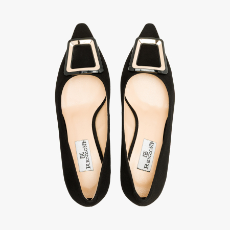 Pantofi Dama Eleganti, Piele Intoarsa Neagra, Accesoriu Geometric Bicolor, Decolteu Forma U, Toc 6 Cm, Renzoni 50851 [2]