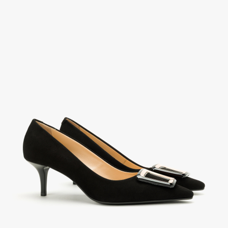 Incaltaminte Dama - Pantofi Dama Eleganti, Piele Intoarsa Neagra, Accesoriu Geometric Bicolor, Decolteu Forma U, Toc 6 Cm, Renzoni 50851