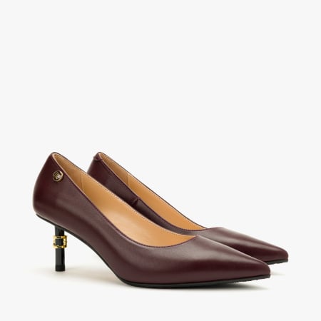 Pantofi Dama Eleganti - Pantofi Dama Eleganti din Piele Naturala Bordo, Varf Ascutit, Toc Subtire Negru 6 cm si Accente Metalice Aurii, Renzoni 9080