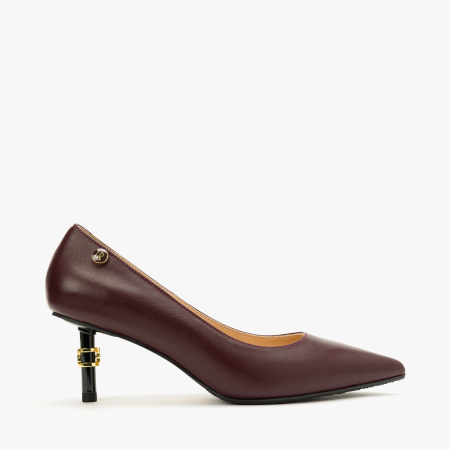 Pantofi Dama Eleganti din Piele Naturala Bordo, Varf Ascutit, Toc Subtire Negru 6 cm si Accente Metalice Aurii, Renzoni 9080 [1]