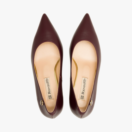 Pantofi Dama Eleganti din Piele Naturala Bordo, Varf Ascutit, Toc Subtire Negru 6 cm si Accente Metalice Aurii, Renzoni 9080 [2]