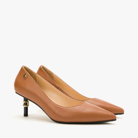 Pantofi Dama - Pantofi Dama Eleganti din Piele Naturala Cognac, Aplicatie Metalica, Interior de Piele, Logo pe Lateral, Renzoni 9080
