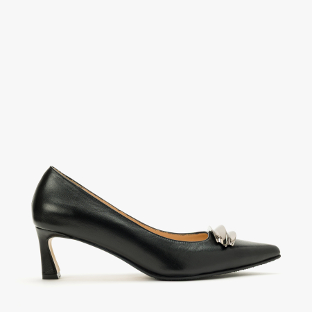 Pantofi Dama Eleganti din Piele Naturala Neagra, Finisaj Netedm Accesorriu Metalic, Toc Subtire 5 cm, Renzoni 9012 [1]