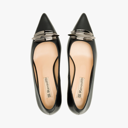 Pantofi Dama Eleganti din Piele Naturala Neagra, Finisaj Netedm Accesorriu Metalic, Toc Subtire 5 cm, Renzoni 9012 [2]