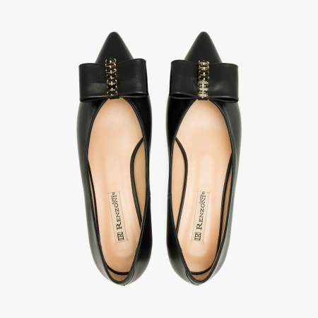 Pantofi Dama Eleganti din Piele Naturala Neagra, Toc Comod 2 cm, Varf Ascutit, Cristale Negre, Renzoni 8885 [2]