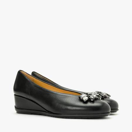 Incaltaminte Dama - Pantofi Damă Eleganți, Piele Neagra, Broșă din Cristale și Talpă Ortopedică Comodă, Giovanni Fabiani 25462
