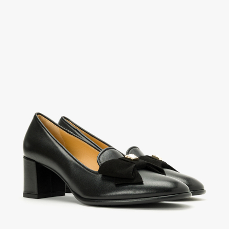 Pantofi Dama - Pantofi Damă Eleganți, Negri, Toc Gros de 6 cm și Fundă din Catifea cu Cristal, Giovanni Fabiani 25437