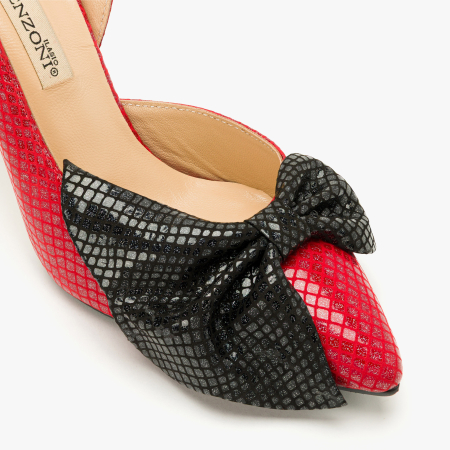 Pantofi Dama Eleganti din Piele Naturala Rosie, Imprimeu Geometric Argintiu, Funda Neagra Supradimensionata si Toc Modern 9 cm, Renzoni 9106 [3]