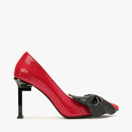 Pantofi Dama Eleganti din Piele Naturala Rosie, Imprimeu Geometric Argintiu, Funda Neagra Supradimensionata si Toc Modern 9 cm, Renzoni 9106 [1]