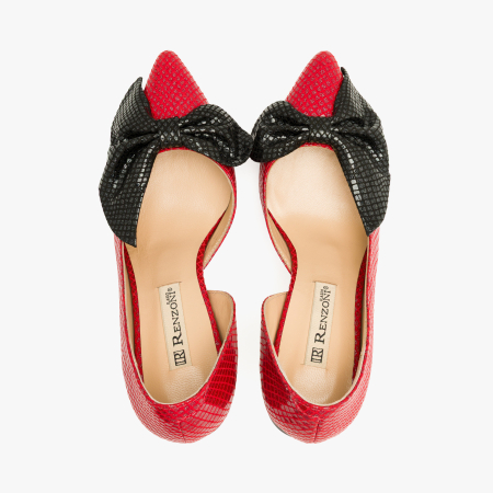 Pantofi Dama Eleganti din Piele Naturala Rosie, Imprimeu Geometric Argintiu, Funda Neagra Supradimensionata si Toc Modern 9 cm, Renzoni 9106 [2]